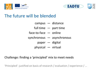 The future will be blended
campus — distance
full time — part time
face-to-face — online
synchronous — asynchronous
paper ...