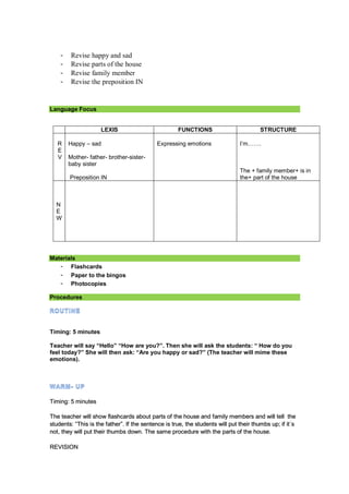 - Revise happy and sad
- Revise parts of the house
- Revise family member
- Revise the preposition IN
Language Focus
LEXIS FUNCTIONS STRUCTURE
R
E
V
Happy – sad
Mother- father- brother-sister-
baby sister
Preposition IN
Expressing emotions I’m…….
The + family member+ is in
the+ part of the house
N
E
W
Materials
- Flashcards
- Paper to the bingos
- Photocopies
Procedures
Timing: 5 minutes
Teacher will say “Hello” “How are you?”. Then she will ask the students: “ How do you
feel today?” She will then ask: “Are you happy or sad?” (The teacher will mime these
emotions).
Timing: 5 minutes
The teacher will show flashcards about parts of the house and family members and will tell the
students: “This is the father”. If the sentence is true, the students will put their thumbs up; if it´s
not, they will put their thumbs down. The same procedure with the parts of the house.
REVISION
 