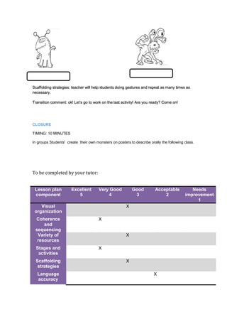Scaffolding strategies: teacher will help students doing gestures and repeat as many times as
necessary.
Transition comment: ok! Let’s go to work on the last activity! Are you ready? Come on!
CLOSURE
TIMING: 10 MINUTES
In groups Students' create their own monsters on posters to describe orally the following class.
To be completed by your tutor:
Lesson plan
component
Excellent
5
Very Good
4
Good
3
Acceptable
2
Needs
improvement
1
Visual
organization
X
Coherence
and
sequencing
X
Variety of
resources
X
Stages and
activities
X
Scaffolding
strategies
X
Language
accuracy
X
 