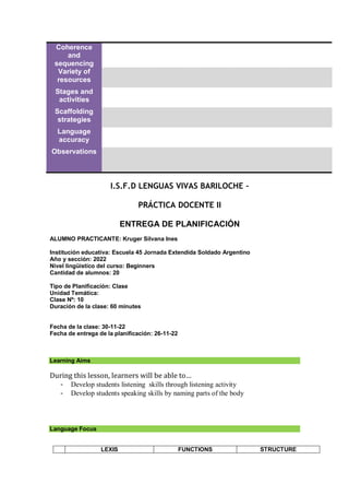 Coherence
and
sequencing
Variety of
resources
Stages and
activities
Scaffolding
strategies
Language
accuracy
Observations
I.S.F.D LENGUAS VIVAS BARILOCHE –
PRÁCTICA DOCENTE II
ENTREGA DE PLANIFICACIÓN
ALUMNO PRACTICANTE: Kruger Silvana Ines
Institución educativa: Escuela 45 Jornada Extendida Soldado Argentino
Año y sección: 2022
Nivel lingüístico del curso: Beginners
Cantidad de alumnos: 20
Tipo de Planificación: Clase
Unidad Temática:
Clase Nº: 10
Duración de la clase: 60 minutes
Fecha de la clase: 30-11-22
Fecha de entrega de la planificación: 26-11-22
Learning Aims
During this lesson, learners will be able to…
- Develop students listening skills through listening activity
- Develop students speaking skills by naming parts of the body
Language Focus
LEXIS FUNCTIONS STRUCTURE
 