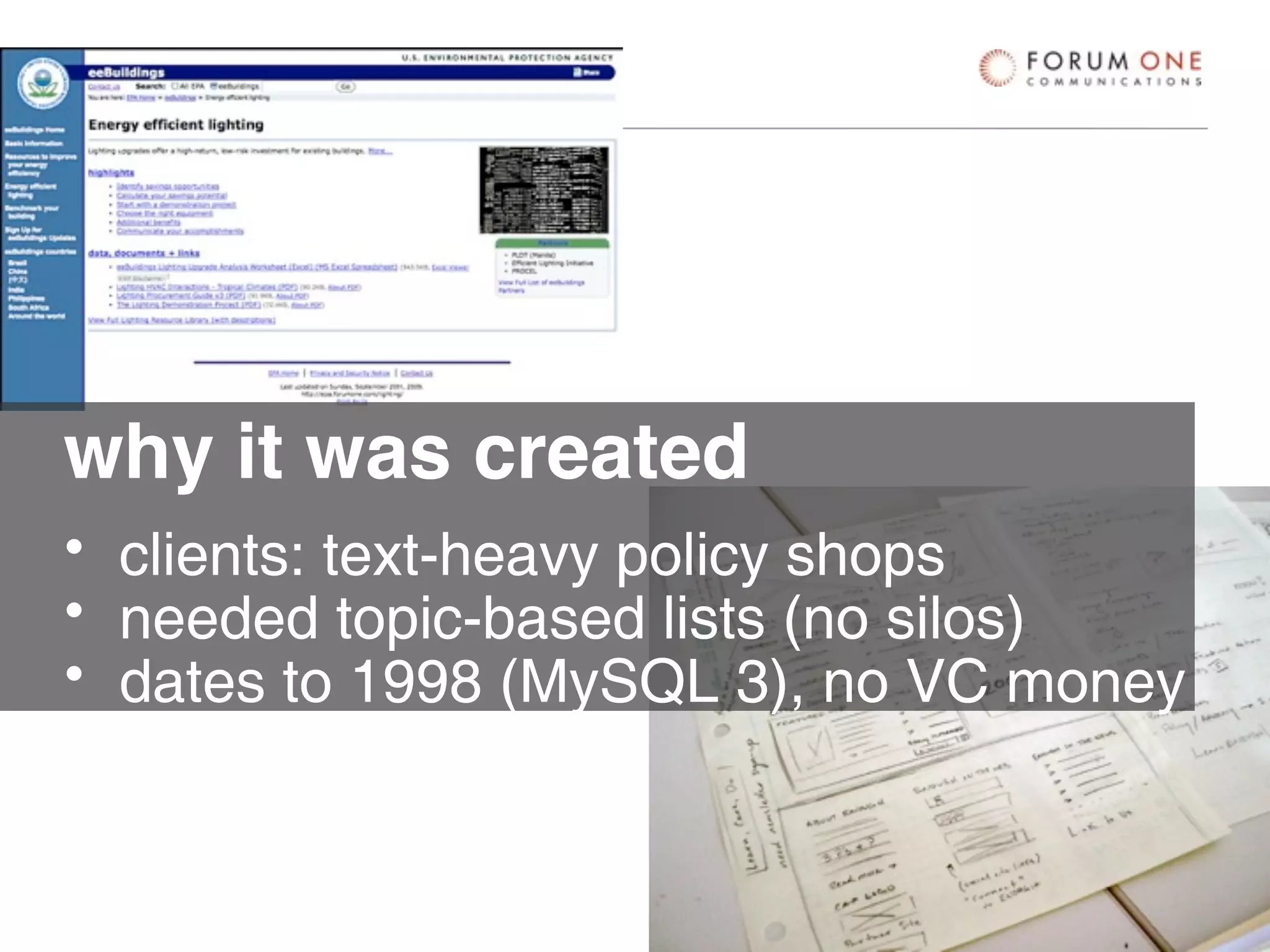 why it was created
• clients: text-heavy policy shops
• needed topic-based lists (no silos)
• dates to 1998 (MySQL 3), no VC money
 