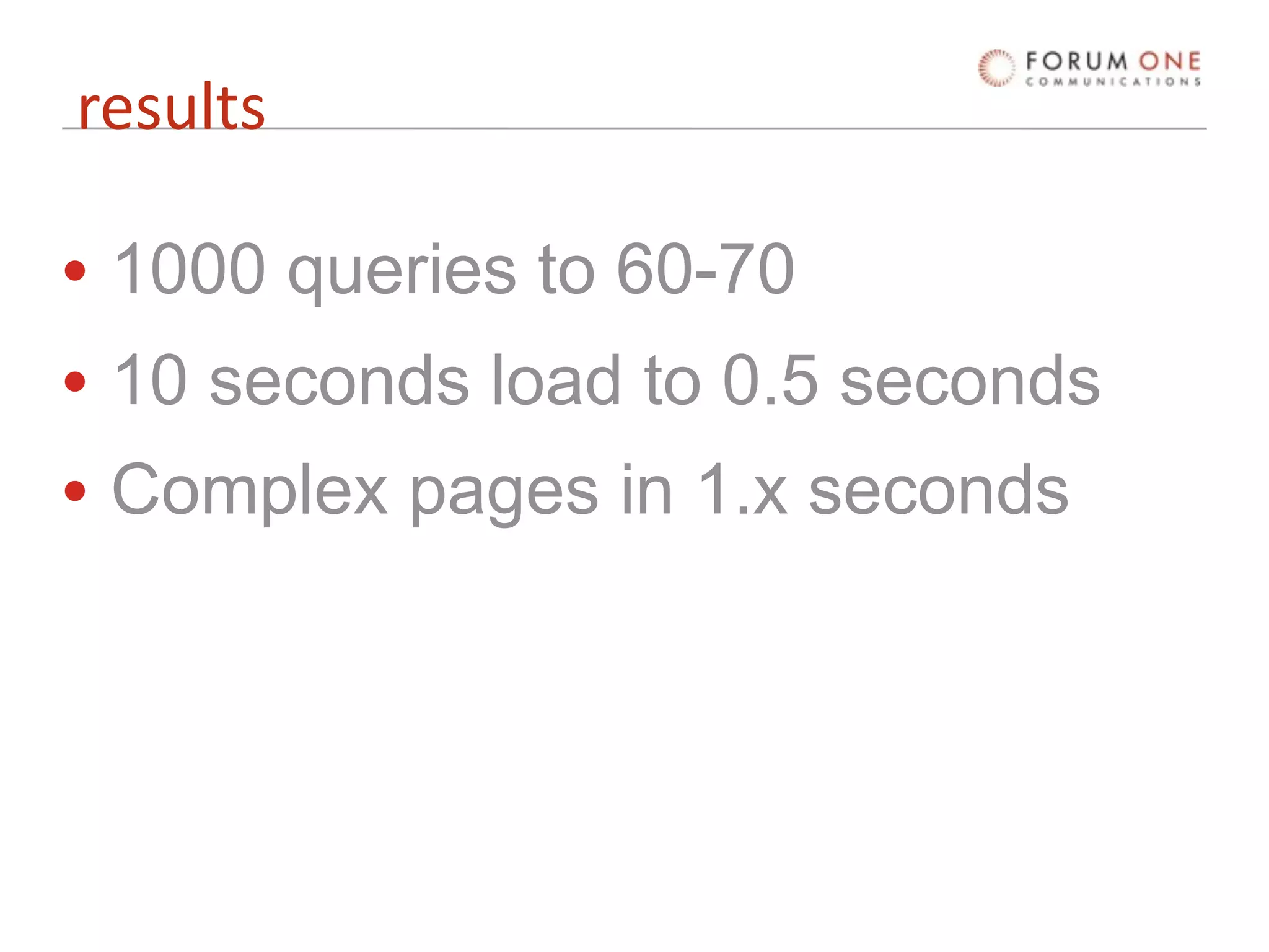results

• 1000 queries to 60-70
• 10 seconds load to 0.5 seconds
• Complex pages in 1.x seconds
 