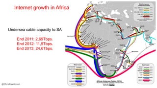 Internet growth in Africa

Undersea cable capacity to SA

End 2011: 2,69Tbps.
End 2012: 11,9Tbps.
End 2013: 24,6Tbps.

@ChrisRawlinson

 