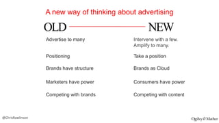 A new way of thinking about advertising

OLD

NEW

Advertise to many

Positioning

Take a position

Brands have structure

Brands as Cloud

Marketers have power

Consumers have power

Competing with brands

@ChrisRawlinson

Intervene with a few.
Amplify to many.

Competing with content

 