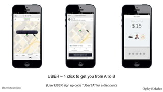 UBER – 1 click to get you from A to B
@ChrisRawlinson

(Use UBER sign up code “UberSA” for a discount)

 