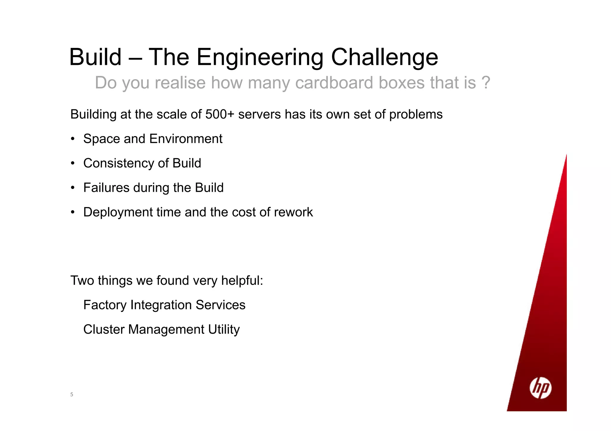 55
Build – The Engineering Challenge
Do you realise how many cardboard boxes that is ?
Building at the scale of 500+ servers has its own set of problems
• Space and Environment
• Consistency of Build
• Failures during the Build
• Deployment time and the cost of rework
Two things we found very helpful:
Factory Integration Services
Cluster Management Utility
 