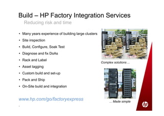 66
Build – HP Factory Integration Services
Reducing risk and time
• Many years experience of building large clusters
• Site inspection
• Build, Configure, Soak Test
• Diagnose and fix DoAs
• Rack and Label
• Asset tagging
• Custom build and set-up
• Pack and Ship
• On-Site build and integration
www.hp.com/go/factoryexpress
Complex solutions ...
... Made simple
 