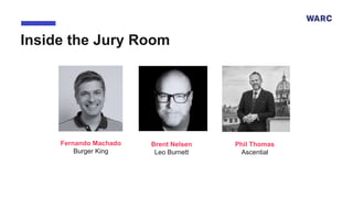 Inside the Jury Room
Fernando Machado
Burger King
Brent Nelsen
Leo Burnett
Phil Thomas
Ascential
 