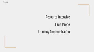Resource Intensive
Fault Prone
1 - many Communication
Messaging
 