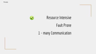 Resource Intensive
Fault Prone
1 - many Communication
Messaging
 