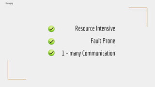 Resource Intensive
Fault Prone
1 - many Communication
Messaging
 