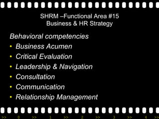 >> 0 >> 1 >> 2 >> 3 >> 4 >>
SHRM –Functional Area #15
Business & HR Strategy
Behavioral competencies
•  Business Acumen
•  Critical Evaluation
•  Leadership & Navigation
•  Consultation
•  Communication
•  Relationship Management
 