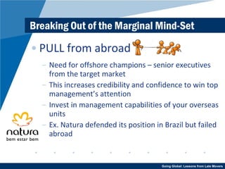 Breaking Out of the Marginal Mind-Set PULL from abroad Need for offshore champions – senior executives from the target market This increases credibility and confidence to win top management’s attention Invest in management capabilities of your overseas units Ex. Natura defended its position in Brazil but failed abroad 