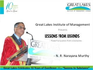 Great Lakes Institute of Management
Presents

- Powerful quotes from visionaries

- N. R. Narayana Murthy

 