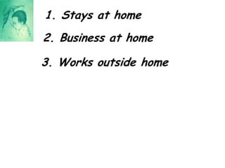 1. Stays at home2. Business at home3. Works outside home