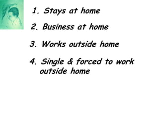 1. Stays at home2. Business at home3. Works outside home4. Single & forced to work outside home