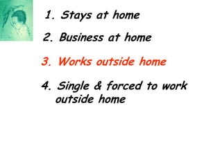 1. Stays at home2. Business at home3. Works outside home4. Single & forced to work outside home