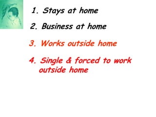 1. Stays at home2. Business at home3. Works outside home4. Single & forced to work outside home