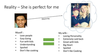Reality – She is perfect for me
My wife :
• Loving Personality
• Extremely Laid back
• Great with kids
• Big Heart
• Spoiled
• Don’t like Cooking
Myself :
• Love people
• Easy Going
• Fun with kids
• Understanding
• Spoiled
• Don’t like cooking
 