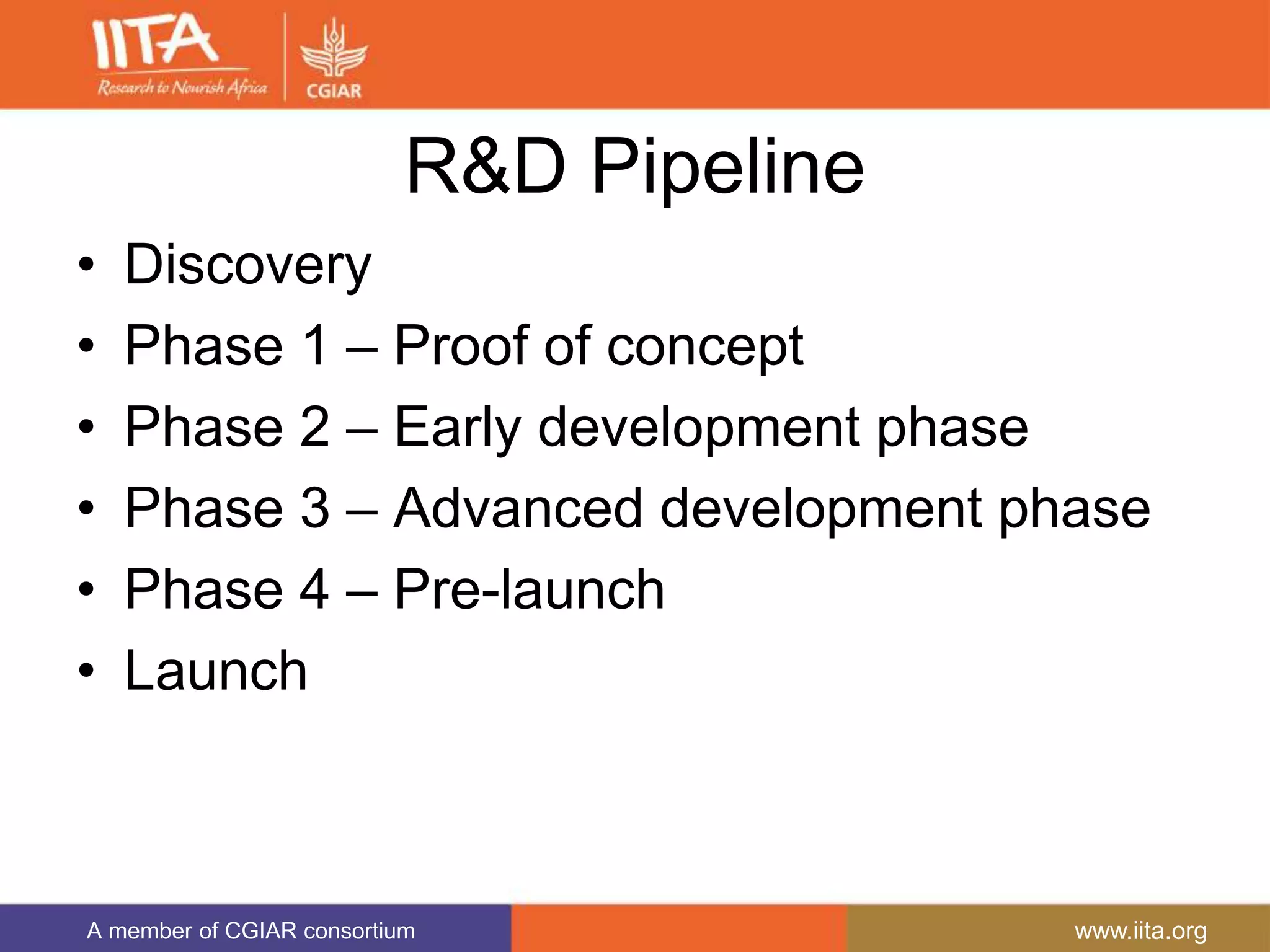 A member of CGIAR consortium www.iita.org
R&D Pipeline
• Discovery
• Phase 1 – Proof of concept
• Phase 2 – Early development phase
• Phase 3 – Advanced development phase
• Phase 4 – Pre-launch
• Launch
 