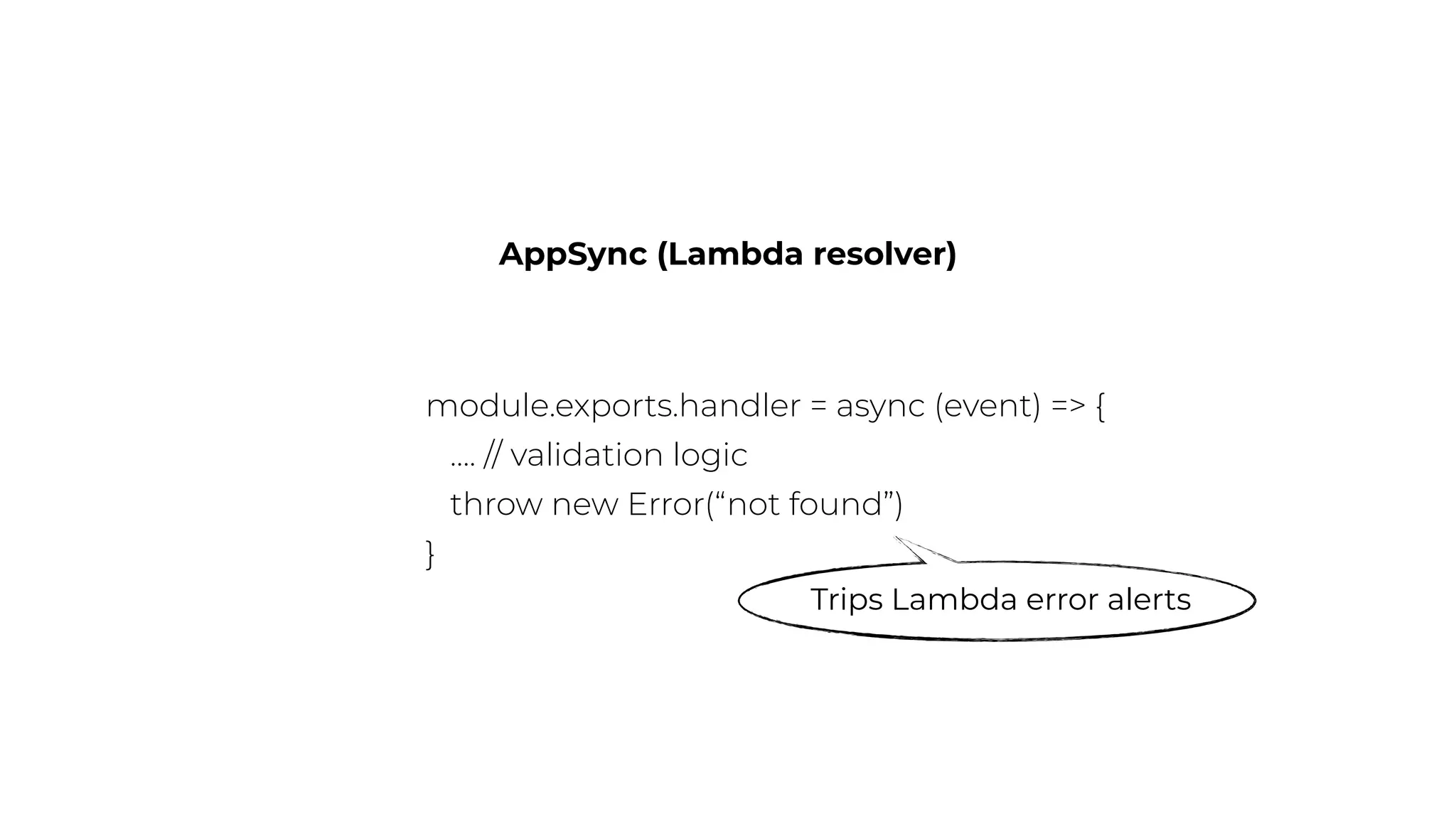 AppSync (Lambda resolver)
module.exports.handler = async (event) => {
…. // validation logic
throw new Error(“not found”)
}
Trips Lambda error alerts
 