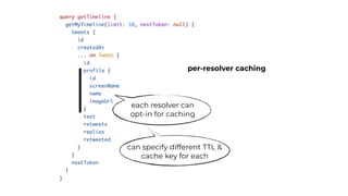 per-resolver caching
each resolver can
opt-in for caching
can specify different TTL &
cache key for each
 