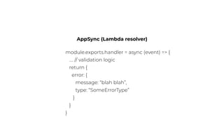 AppSync (Lambda resolver)
module.exports.handler = async (event) => {
…. // validation logic
return {
error: {
message: “blah blah”,
type: “SomeErrorType”
}
}
}
 