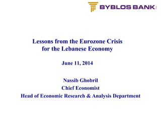 Lessons from the Eurozone Crisis
for the Lebanese Economy
June 11, 2014
Nassib Ghobril
Chief Economist
Head of Economic Research & Analysis Department
 