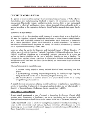 LESSONS IN BASIC PSYCHIATRY AND MENTAL HEALTH NURSING | PDF