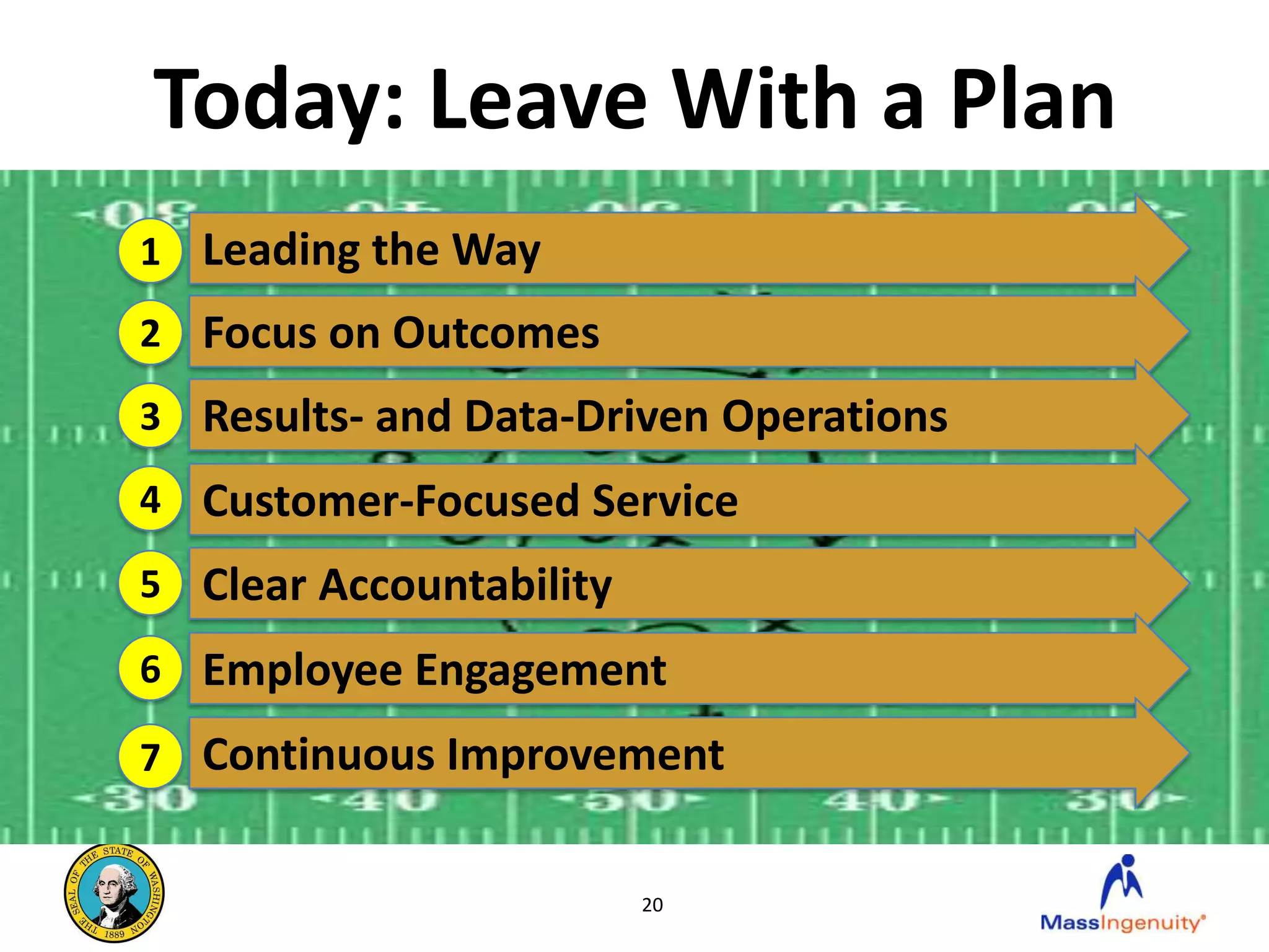 Today: Leave With a Plan
1 Leading the Way
2 Focus on Outcomes
3 Results- and Data-Driven Operations
4 Customer-Focused Service
5 Clear Accountability

6 Employee Engagement

7 Continuous Improvement


                         20
 