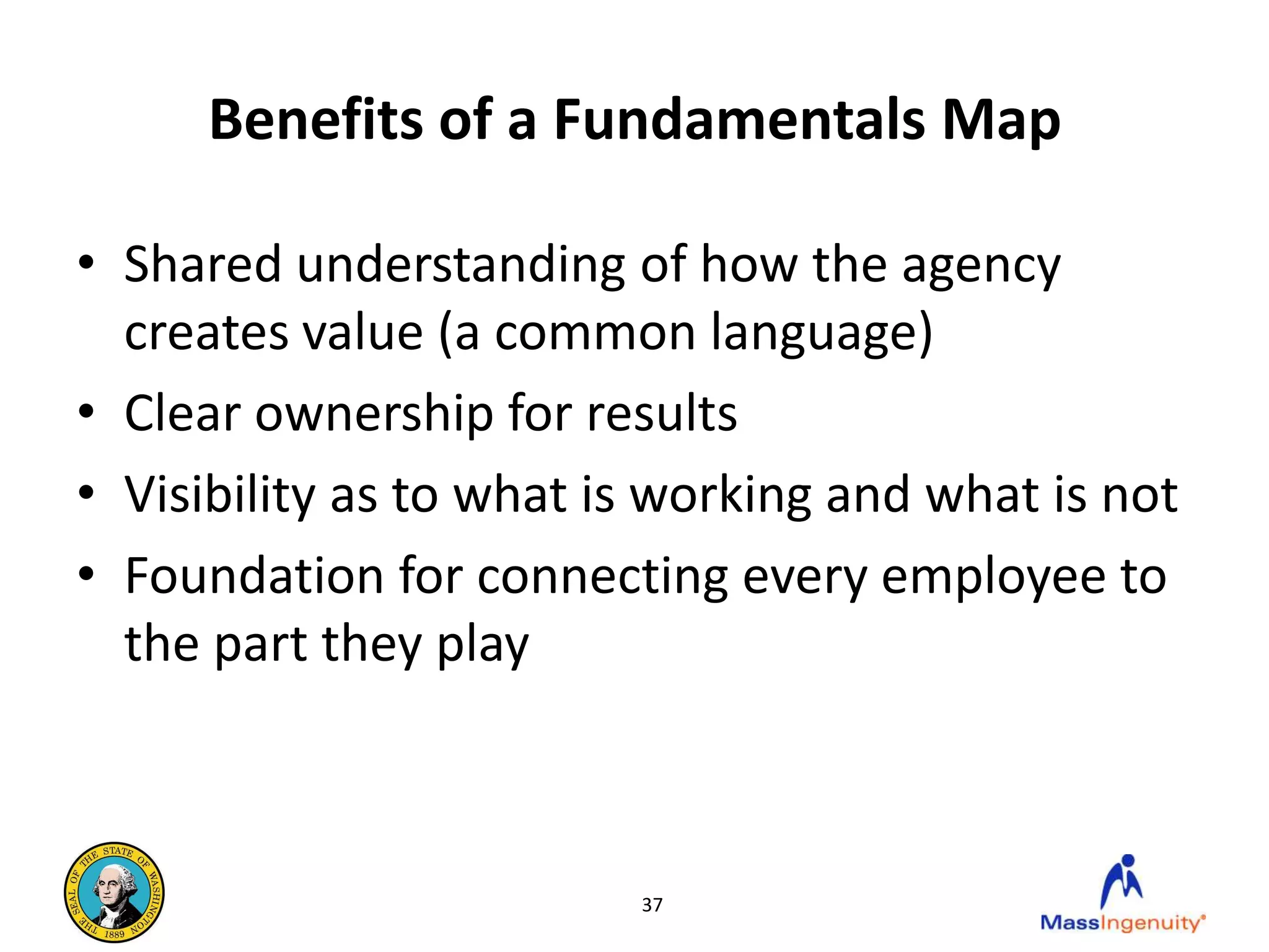 Benefits of a Fundamentals Map

• Shared understanding of how the agency
  creates value (a common language)
• Clear ownership for results
• Visibility as to what is working and what is not
• Foundation for connecting every employee to
  the part they play



                         37
 