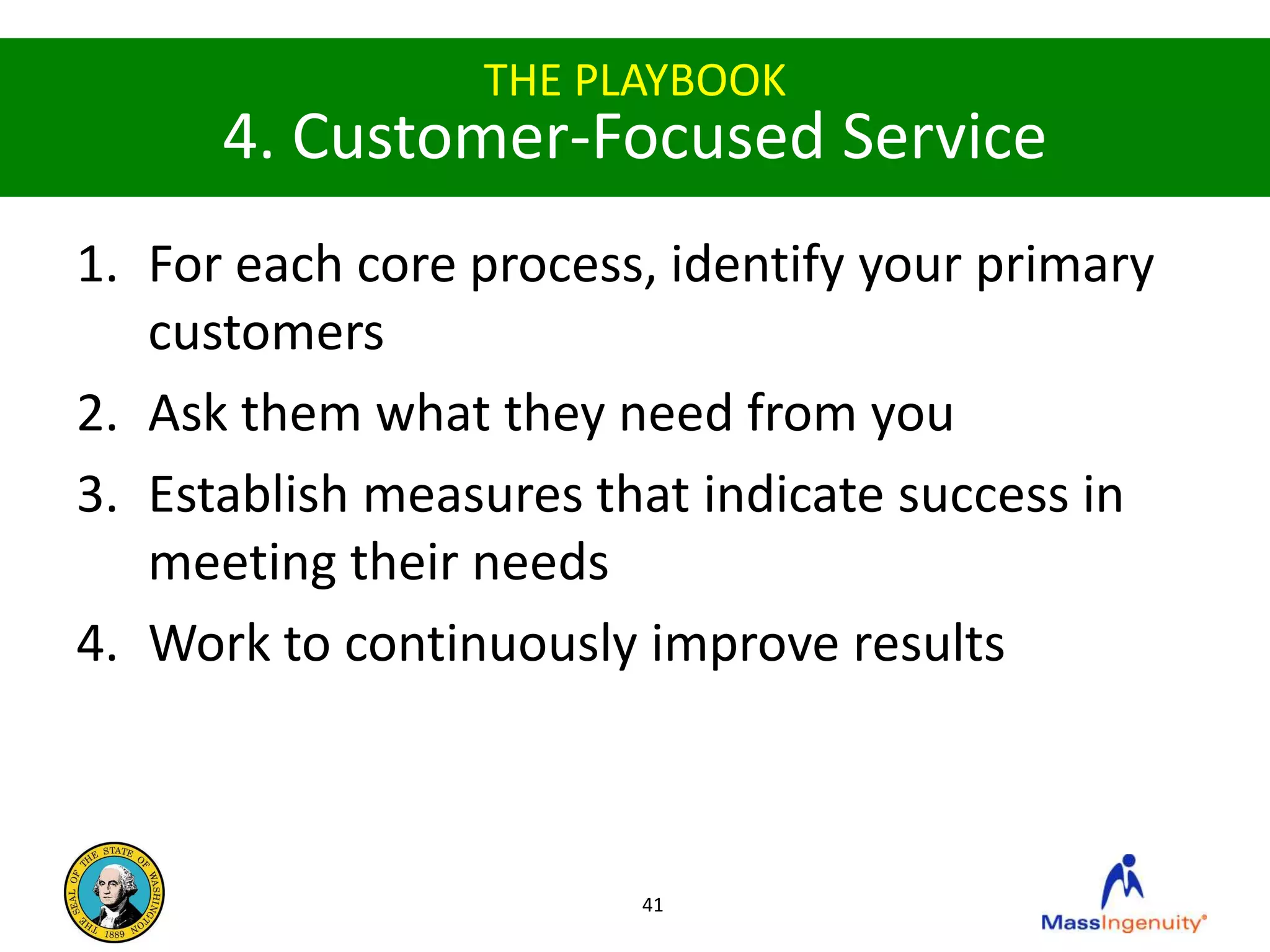THE PLAYBOOK
      4. Customer-Focused Service
1. For each core process, identify your primary
   customers
2. Ask them what they need from you
3. Establish measures that indicate success in
   meeting their needs
4. Work to continuously improve results



                        41
 