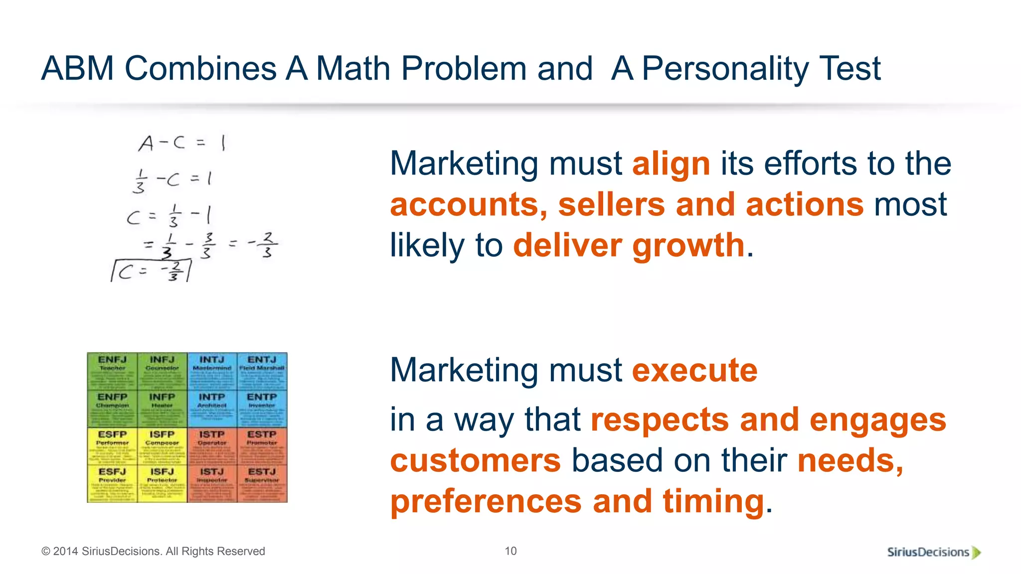 © 2014 SiriusDecisions. All Rights Reserved 10
ABM Combines A Math Problem and A Personality Test
Marketing must align its efforts to the
accounts, sellers and actions most
likely to deliver growth.
Marketing must execute
in a way that respects and engages
customers based on their needs,
preferences and timing.
 