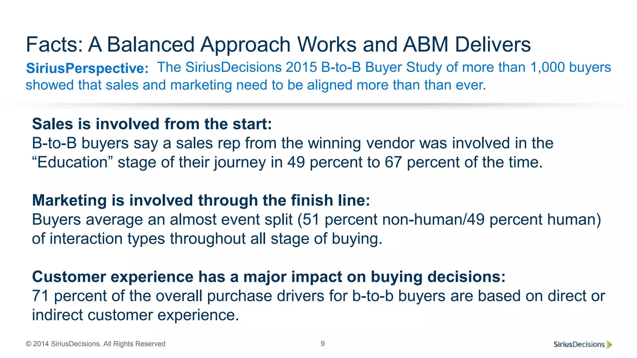 SiriusPerspective:
© 2014 SiriusDecisions. All Rights Reserved 9
Facts: A Balanced Approach Works and ABM Delivers
The SiriusDecisions 2015 B-to-B Buyer Study of more than 1,000 buyers
showed that sales and marketing need to be aligned more than than ever.
Sales is involved from the start:
B-to-B buyers say a sales rep from the winning vendor was involved in the
“Education” stage of their journey in 49 percent to 67 percent of the time.
Marketing is involved through the finish line:
Buyers average an almost event split (51 percent non-human/49 percent human)
of interaction types throughout all stage of buying.
Customer experience has a major impact on buying decisions:
71 percent of the overall purchase drivers for b-to-b buyers are based on direct or
indirect customer experience.
 