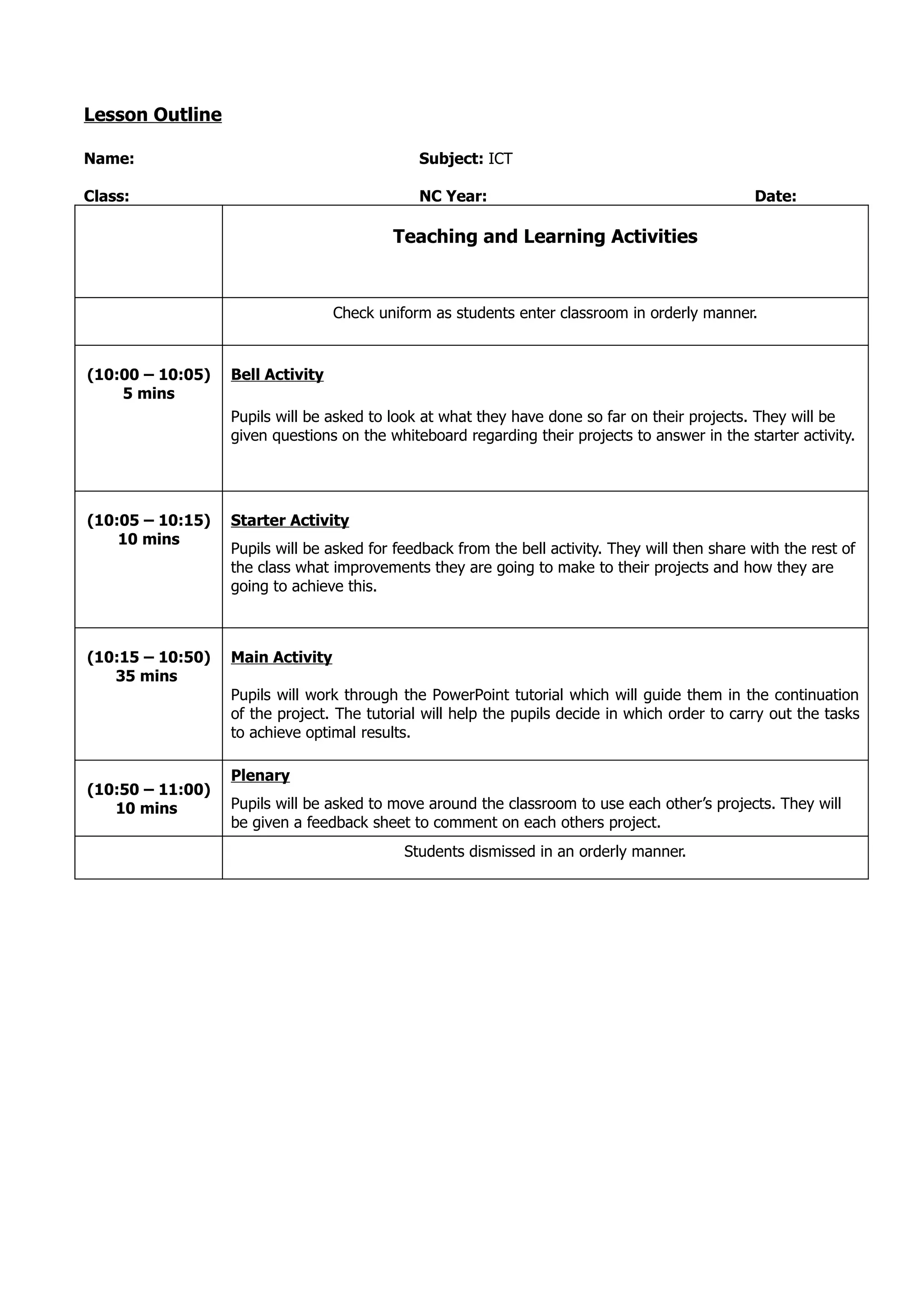 Lesson Outline

Name:                                         Subject: ICT

Class:                                        NC Year:                                           Date:

                                          Teaching and Learning Activities



                                  Check uniform as students enter classroom in orderly manner.


(10:00 – 10:05)   Bell Activity
    5 mins
                  Pupils will be asked to look at what they have done so far on their projects. They will be
                  given questions on the whiteboard regarding their projects to answer in the starter activity.




(10:05 – 10:15)   Starter Activity
    10 mins
                  Pupils will be asked for feedback from the bell activity. They will then share with the rest of
                  the class what improvements they are going to make to their projects and how they are
                  going to achieve this.



(10:15 – 10:50)   Main Activity
   35 mins
                  Pupils will work through the PowerPoint tutorial which will guide them in the continuation
                  of the project. The tutorial will help the pupils decide in which order to carry out the tasks
                  to achieve optimal results.

                  Plenary
(10:50 – 11:00)
   10 mins        Pupils will be asked to move around the classroom to use each other’s projects. They will
                  be given a feedback sheet to comment on each others project.
                                            Students dismissed in an orderly manner.
 