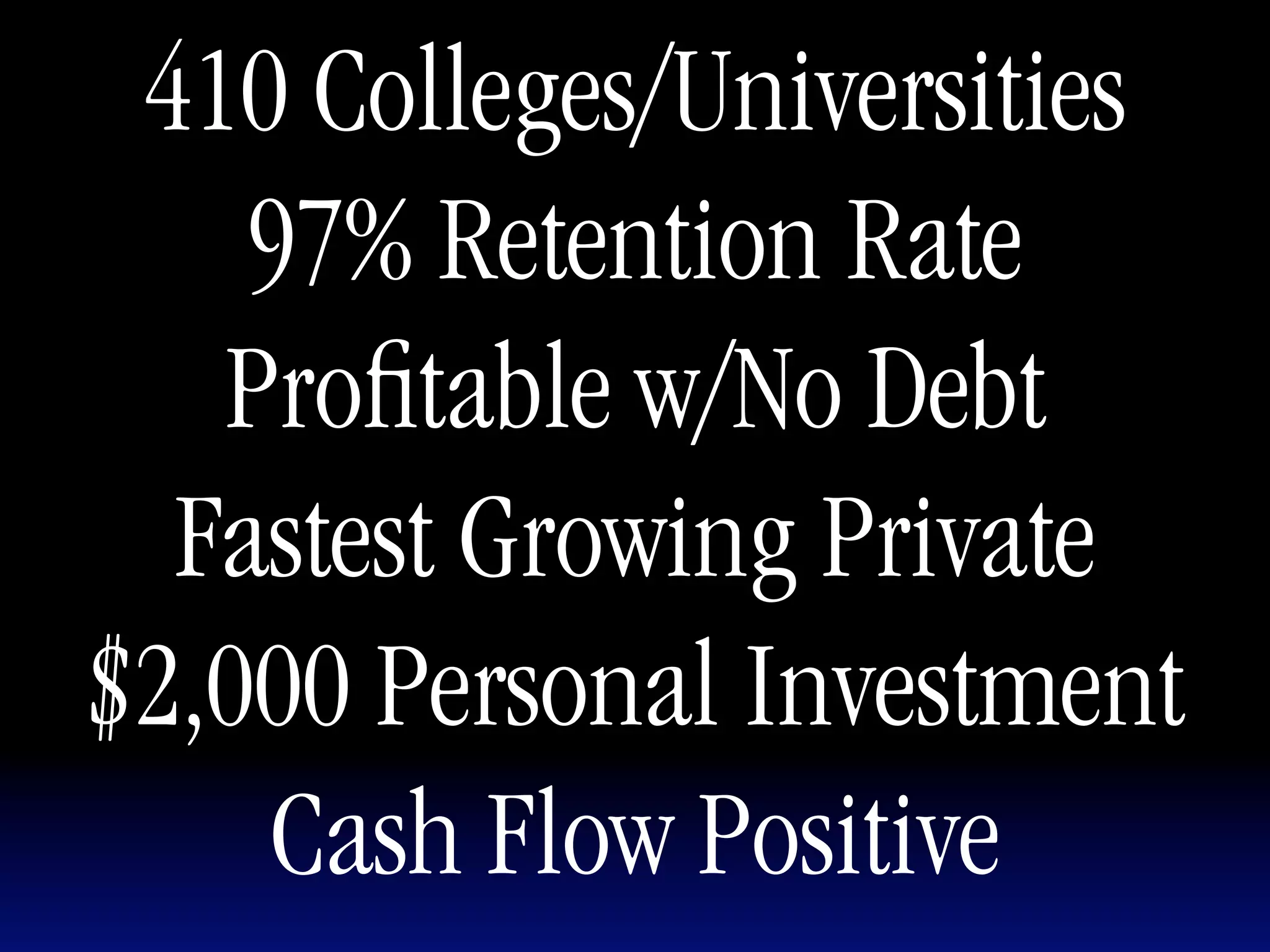 410 Colleges/Universities
    97% Retention Rate
   Proﬁtable w/No Debt
  Fastest Growing Private
$2,000 Personal Investment
    Cash Flow Positive
 