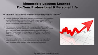 By Matt Kupec (mattkupec.com)
Memorable Lessons Learned
For Your Professional & Personal Life
 This one comes from Mark Yusko, the very successful CEO and Founder of
a multi-billion dollar investment firm. Mark was a colleague at UNC
where he served as Chief Investment Officer at UNC. Mark, who is a good
friend, is a very wise and smart investor.
 His lesson was simple and dealt with managing risk and looking for
opportunities in growth and value of your investments. When you have a
stock that trades at $4/share and it drops to $2/share that is a 50%
decrease. To get back to the original price of $4/share, you will need a
100% return - taking the stock from $2/share to $4/share! Simple but
profound!!
 His point was that with endowment and investment returns you don’t
want to decline or go backwards because a 50% drop will necessitate a
100% increase to bring you back to the price where you started!
#3: “It Takes a 100% return to break even when you have lost 50%”
 