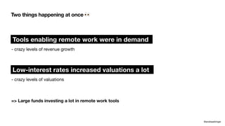- crazy levels of revenue growth
@andreasklinger
Tools enabling remote work were in demand
Two things happening at once 👀
Low-interest rates increased valuations a lot
- crazy levels of valuations
=> Large funds investing a lot in remote work tools
 