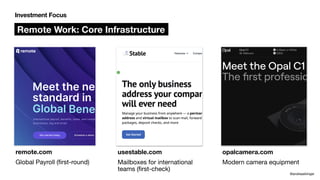 @andreasklinger
Investment Focus
Remote Work: Core Infrastructure
remote.com
Global Payroll (
fi
rst-round)
usestable.com
Mailboxes for international
teams (
fi
rst-check)
opalcamera.com
Modern camera equipment
 