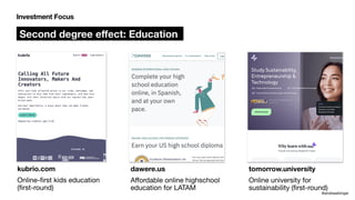 kubrio.com
Online-
fi
rst kids education
(
fi
rst-round)
tomorrow.university
Online university for
sustainability (
fi
rst-round)
@andreasklinger
Second degree e
ff
ect: Education
Investment Focus
dawere.us
A
ff
ordable online highschool
education for LATAM
 