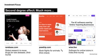 rarebase.com
Global research to reuse
drugs for rare diseases. (
fi
rst-
round) @andreasklinger
Second degree e
ff
ect: Much more…
Investment Focus
pawtrip.com
Book
fl
ights for animals. 🐾
(
fi
rst-check)
wise.live
Software for online tutors in
India (
fi
rst-round)
 