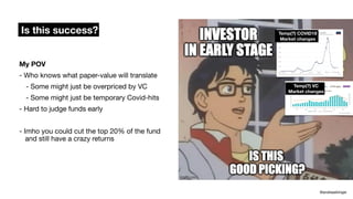 Is this success?
@andreasklinger
My POV
- Who knows what paper-value will translate
- Some might just be overpriced by VC
- Some might just be temporary Covid-hits
- Hard to judge funds early
- Imho you could cut the top 20% of the fund
and still have a crazy returns
Temp(?) COVID19
Market changes
Temp(?) VC
Market changes
 