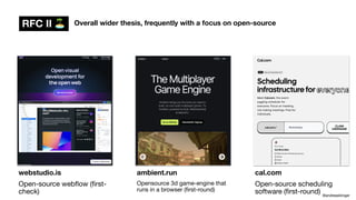 Overall wider thesis, frequently with a focus on open-source
@andreasklinger
RFC II 🏝
webstudio.is
Open-source web
fl
ow (
fi
rst-
check)
ambient.run
Opensource 3d game-engine that
runs in a browser (
fi
rst-round)
cal.com
Open-source scheduling
software (
fi
rst-round)
 