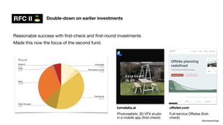 Double-down on earlier investments
@andreasklinger
RFC II 🏝
Reasonable success with
fi
rst-check and
fi
rst-round investments
Made this now the focus of the second fund.
lumalabs.ai
Photorealistic 3D VFX studio
in a mobile app (
fi
rst-check)
o
ff
siter.com
Full-service O
ff
sites (
fi
rst-
check)
 