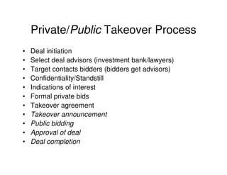 Private/Public Takeover Process
•   Deal initiation
•   Select deal advisors (investment bank/lawyers)
•   Target contacts bidders (bidders get advisors)
•   Confidentiality/Standstill
•   Indications of interest
•   Formal private bids
•   Takeover agreement
•   Takeover announcement
•   Public bidding
•   Approval of deal
•   Deal completion
 