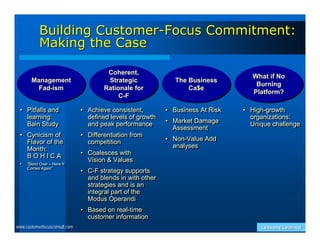 Building Customer-Focus Commitment:
            Making the Case

                                        Coherent,
                                        Coherent,                                    What if No
                                                                                     What if No
        Management
        Management                      Strategic
                                         Strategic              The Business
                                                                The Business          Burning
                                                                                      Burning
          Fad-ism
          Fad-ism                      Rationale for
                                       Rationale for                Ca$e
                                                                    Ca$e             Platform?
                                                                                     Platform?
                                            C -F
                                            C-F

 • Pitfalls and
 • Pitfalls and                • Achieve consistent,
                               • Achieve consistent,         • Business At Risk
                                                             • Business At Risk   • High-growth
                                                                                  • High-growth
   learning:
    learning:                    defined levels of growth
                                 defined levels of growth                           organizations:
                                                                                    organizations:
   Bain Study                    and peak performance        • Market Damage
                                                             • Market Damage        Unique challenge
    Bain Study                   and peak performance          Assessment           Unique challenge
                                                               Assessment
 • Cynicism of
 • Cynicism of                 • Differentiation from
                               • Differentiation from
   Flavor of the                 competition                 • Non-Value Add
                                                             • Non-Value Add
   Flavor of the                 competition                   analyses
   Month:
   Month:                                                      analyses
   B O H II C A                • Coalesces with
                               • Coalesces with
   BOH CA                        Vision & Values
 ••   “Bend Over – Here It
                                 Vision & Values
       “Bend Over – Here It
      Comes Again”
       Comes Again”
                               • C-F strategy supports
                               • C-F strategy supports
                                 and blends in with other
                                  and blends in with other
                                 strategies and is an
                                  strategies and is an
                                 integral part of the
                                  integral part of the
                                 Modus Operandi
                                  Modus Operandi
                               • Based on real-time
                               • Based on real-time
                                 customer information
                                 customer information
www.customerfocusconsult.com                                                           Lessons Learned
 