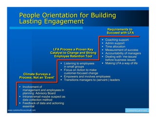 People Orientation for Building
           Lasting Engagement
                                                                          Requirements to
                                                                           Requirements to
                                                                          Succeed with LFA
                                                                          Succeed with LFA

                                                                       Coaching support
                                                                       Admin support
                                                                       Time allocation
                                  LFA Process a Proven Key
                                   LFA Process a Proven Key            Measurement of success
                                 Catalyst to Change and Strong
                                 Catalyst to Change and Strong         Accountability of managers
                                   Employee Retention Tool
                                    Employee Retention Tool            Dealing with ‘me-issues’
                                                                        before business issues
                                         Listening to employees       Making LFA a way of life
                                          in small groups
                                         Focus on Action to make
             Climate Surveys a
              Climate Surveys a           customer-focused change
           Process, Not an ‘Event’       Empowers and involves employees
           Process, Not an ‘Event’
                                         Transitions managers to (servant-) leaders

            Involvement of
             management and employees in
             planning: Advisory Board
            Intranet/email maybe suspect as
             data collection method
            Feedback of data and actioning
             essential
www.customerfocusconsult.com                                                            Lessons Learned
 