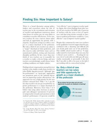 Finding Six: How Important Is Salary?

There is a broad discussion among policy-                          “very effective” ways to improve teacher qual-
makers and researchers about the role of                           ity. Again, this echoes findings from other sur-
teacher pay in the recruitment and retention                       veys of new teachers. In 2000, only 12 percent
of teachers and significant controversy about                      of teachers with five years or less of experi-
what forms of teacher pay are most likely to                       ence said that tying teacher rewards or sanc-
contribute to teacher effectiveness. To be sure,                   tions to student performance would be a “very
new teachers do voice concern about salary                         effective” way to improve teacher quality.9
and lack of opportunity for growth, with a
majority (78 percent) seeing it as either a ma-                    Despite this, comments by some new teachers
jor or a minor drawback of the profession.                         in the qualitative research suggest that low pay
But only a third of new teachers say salary is                     combined with a daunting and difficult job
a “major” drawback of their profession, and                        can clearly push some out of the profession.
this concern ranks well below issues such as                       One middle school teacher told us: “I origi-
unmotivated students, testing and classroom                        nally wanted to teach more than one year, but
discipline problems. In fact, more than two-                       it doesn’t seem worth it. … Teaching for me
thirds of new teachers say it is possible for                      was a lot of work with very little pay off mon-
a teacher to make a decent living, and new                         etarily, emotionally or personally. I also feel
teachers overwhelmingly would choose better                        like I am able to offer a lot more to the kids I
working conditions over higher salaries.                           am working with in a non-school setting.”

Findings about compensation among first-year                       6a. Only a third of new
teachers echo similar results from teachers in
                                                                   teachers see low salary
other Public Agenda research.7 Although “pay
for performance” or “merit pay” approaches                         and little opportunity for
are prominent parts of the national discus-                        growththird a major drawback
                                                                     Only a as of new teachers see low
sion on improving teacher effectiveness,8 the                      ofsalary and little opportunity for growth
                                                                      the profession
approach was not a high priority for the new                         as a major drawback of the profession
teachers surveyed here. Only 1 in 5 say the                          Do you believe that low salary and not much
fact that teachers do not get rewarded for su-                       opportunity for growth are drawbacks to teaching?
perior performance is a major drawback of
the profession. Moreover, fewer than 1 in 6
                                                                                              33%   Major drawback
believe that tying salary increases to princi-
pals’ and colleagues’ assessments (15 percent)                                                45%   Minor drawback
or tying teacher rewards and sanctions to their
students’ performance (13 percent) would be                                                   22%   Not a drawback



7
    In “Stand by Me” (Public Agenda 2003), a plurality of teach-
    ers said that the best way to improve quality of teaching is   Figure 6a.
    to improve working conditions, as opposed to financially re-
    warding outstanding teachers or increasing pay for teachers
    overall.
8
    See “Long Reviled, Merit Pay Gains Among Teachers,”
    New York Times June 18, 2007, as an example.
9
    “A Sense of Calling,” Public Agenda 2000.




                                                                                                          LESSONS LEARNED   19
 