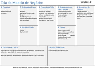 Versão: 1.0
Tela do Modelo de Negócio:
8. Parceiros                 7. Actividades Chave           2. Proposta de Valor            4. Relacionamento                 1. Segmentos de
                                                                                            com Clientes                      Clientes
Américo amorim               Branding                       Propor um produto               Comunidade, próxima.              Clientes sensíveis à
Dyncorck                     Marketing/comunicação          inovador, com qualidade,        Evangelização da marca.           qualidade, sustentabilidade ,
                             Design                         valores ecológicos, design      Personalização.                   design requintado e que
                             Qualidade produto              requintado.                     Colaboração.                      procuram algo autentico e
                             Sustentabilidade do produto    Reposicionar a cortiça                                            único.
                             I&D, tecnologia                (Corck is the new leather)



                             6. Recursos Chave                                              3. Canais
                             Equipa                                                         E-commerce, mobile
                             Capital inicial                                                Lojas multimarcas de luxo
                                                                                            Estrategicamente
                                                                                            seleccionadas         (valores,
                                                                                            localização, clientes )
                                                                                            Word of mouth




9. Estrutura de Custos                                                      5. Fontes de Receitas
Neste preciso momento todos os custos são variaveis visto ainda não         Produtos ( vestuário, acessórios)
sabemos a quantidade de recusros necessários:

Recursos Humanos, matéria prima, produção, comunicação e marketing




                  Adaptado pela Fábrica de Startups, baseado no Business Model Canvas disponível em www.businessmodelgeneration.com
 