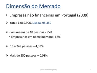 Dimensão do Mercado
• Empresas não financeiras em Portugal (2009)
 total: 1.060.906, Lisboa. 95.350

 Com menos de 10 pessoas - 95%
 • Empresários em nome individual 67%

 10 a 249 pessoas – 4,33%

 Mais de 250 pessoas – 0,08%



                         (www.myteamblog.com)   3
 
